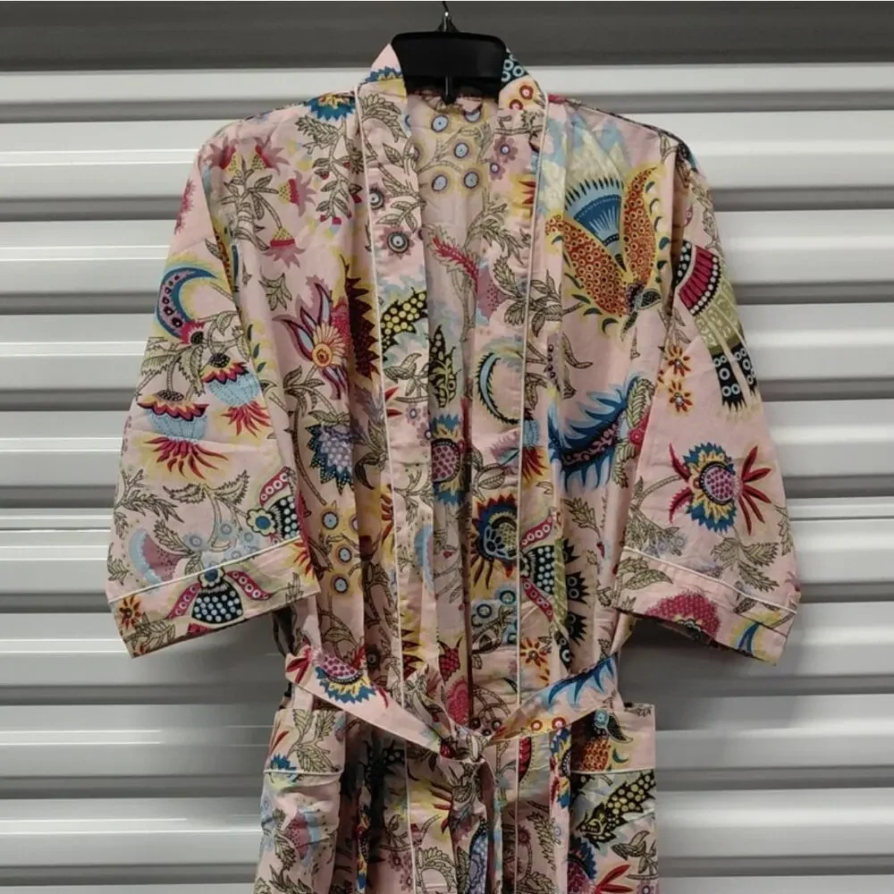 Pink Floral Kimono Robe One Size Boho Spa Lounge Cover Up Sleepwear Vacation